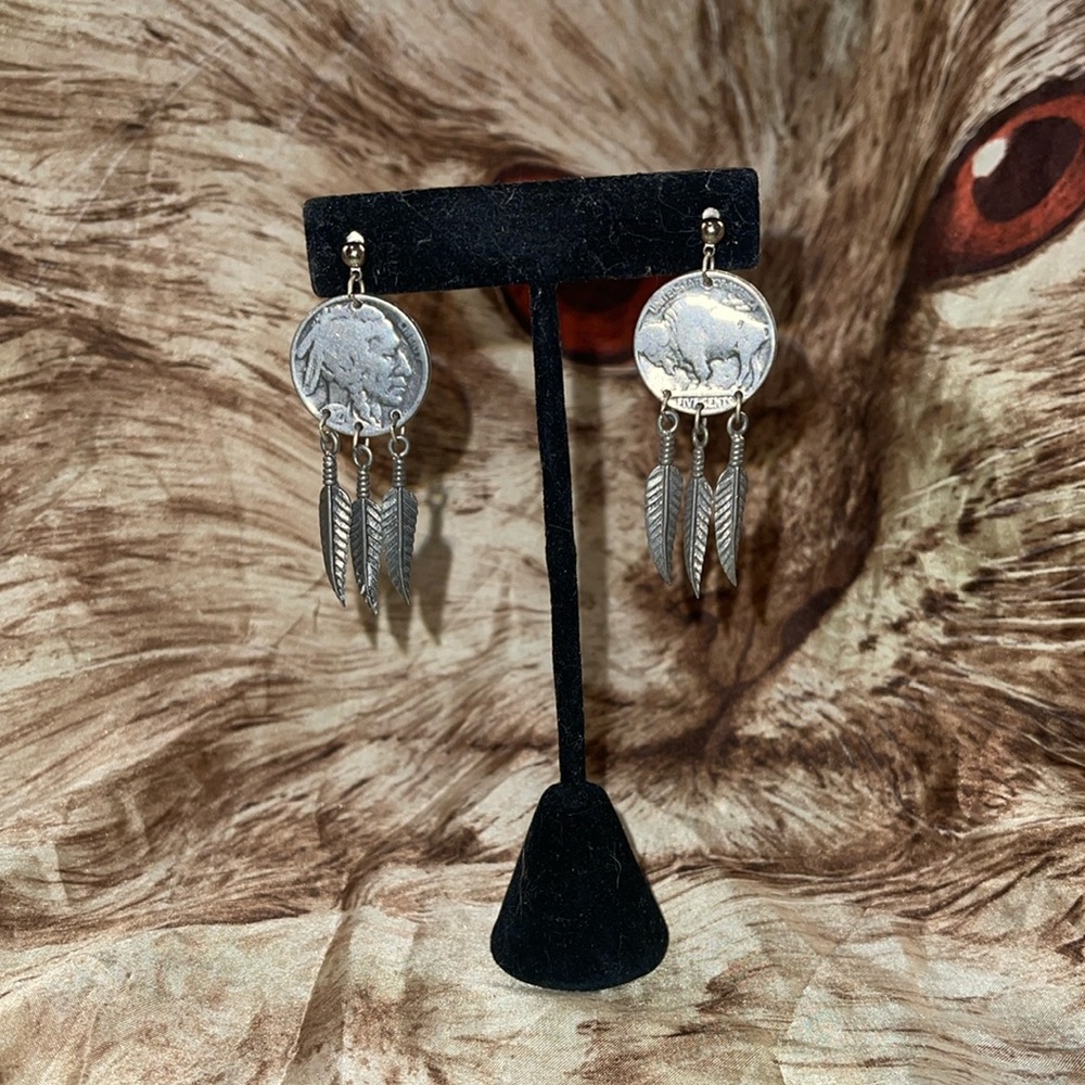 Buffalo Nickel-designed Silver Coin Dangle Earrings with feathers (Native-like)